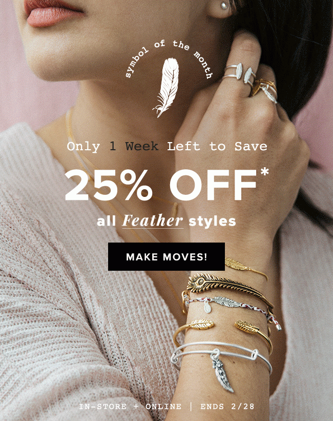 Time’s almost up to get 25% off Feather charm styles. Ends 2/28.