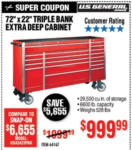 72 in. x 22 In. Triple Bank Red Roller Cabinet