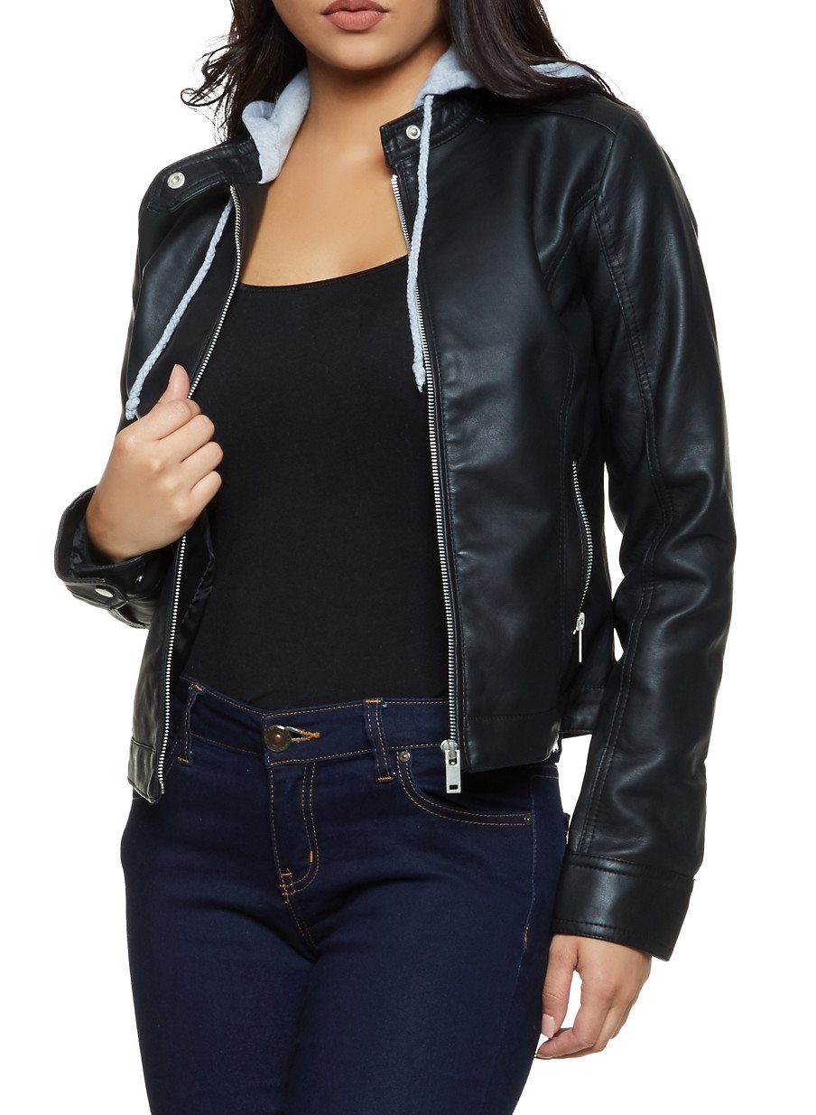 Faux Leather Zip Hooded Jacket