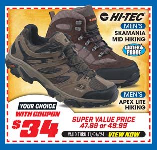 Hi-Tec Men's Waterproof Skamania Mid or Apex Lite Hiking Boots