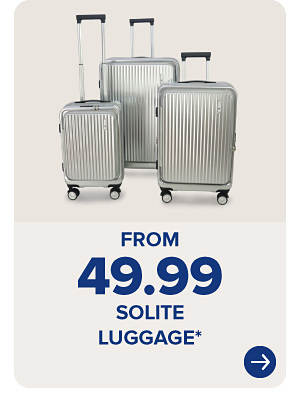 Three silver rolling suitcases. From 49.99 Solite luggage.