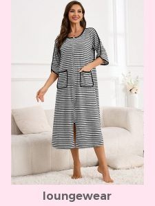 Striped Grey Round Neck 3/4 Sleeve Nightdress