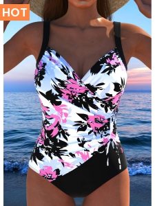 ROTITA Drawstring Pink Floral Print One Piece Swimwear