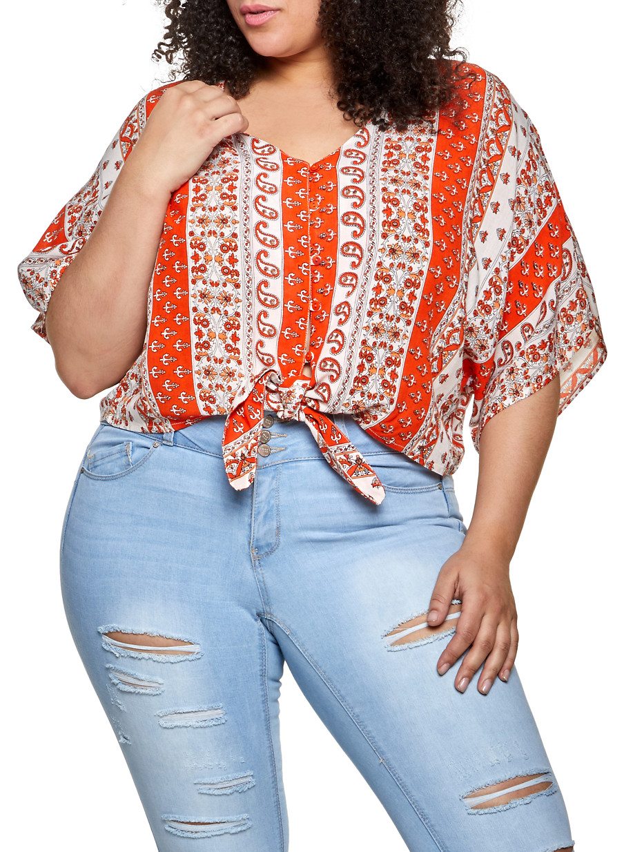 Plus Size Button Front Printed Top