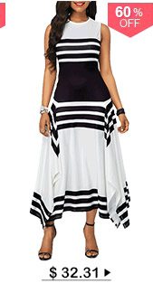 Stripe Print Asymmetric Hem Sleeveless Midi Dress