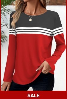 ROTITA Striped Red Round Neck Long Sleeve T Shirt