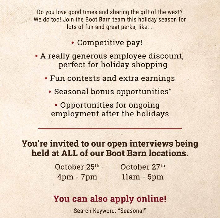 We Re Hiring For The Holidays Boot Barn Email Archive