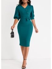 ROTITA Button Peacock Blue Turn Down Collar Bodycon Dress