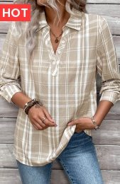 Light Coffee Button Plaid Long Sleeve Shirt Collar Blouse