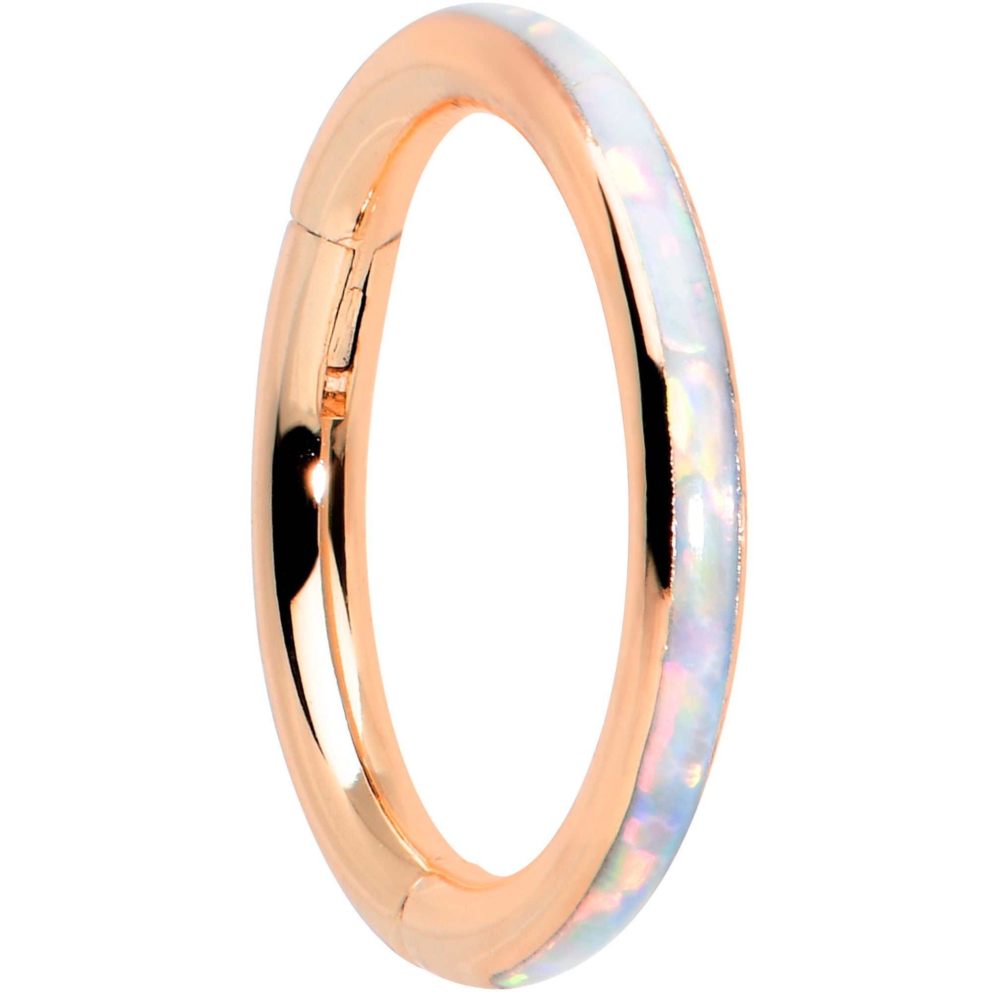 Image of 16 Gauge 5/16 White Synth Opal Rose Gold Hue Forward Face Segment Ring