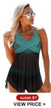 Polka Dot Print Halter Neck Asymmetric Hem Swimdress and Panty 