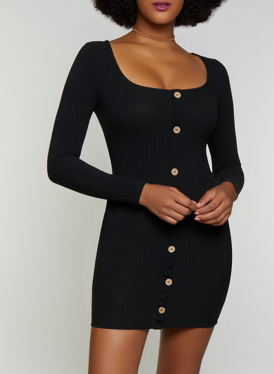 Faux Button Detail Square Neck Bodycon Dress