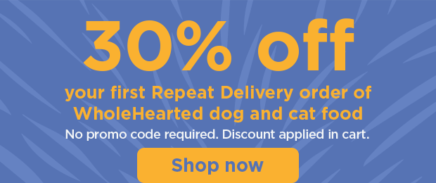 30% off your first Repeat Delivery order of WholeHearted dog and cat food. No promo code required. Discount applied in cart. Shop now.