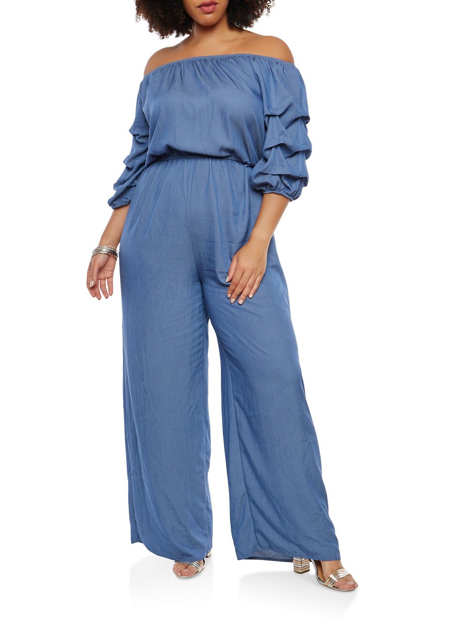 Plus Size Off the Shoulder Chambray Jumpsuit