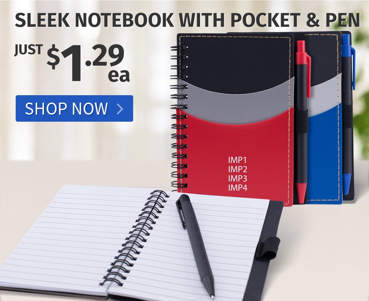 Sleek Notebook with Pocket and Pen for only $1.29 each!