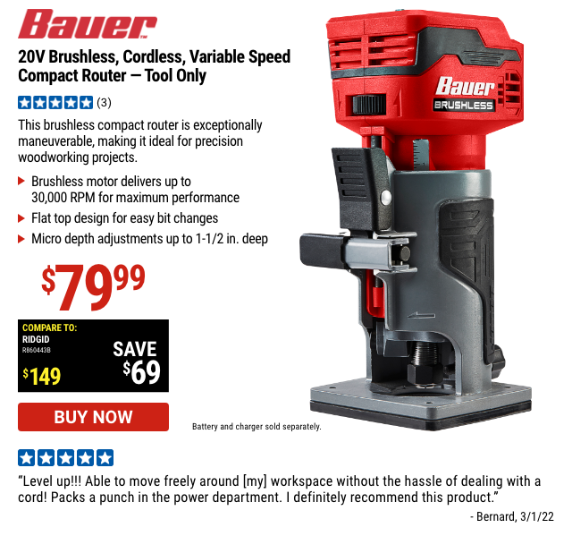 Bauer: 20V Brushless Cordless Variable Speed Compact Router - Tool Only