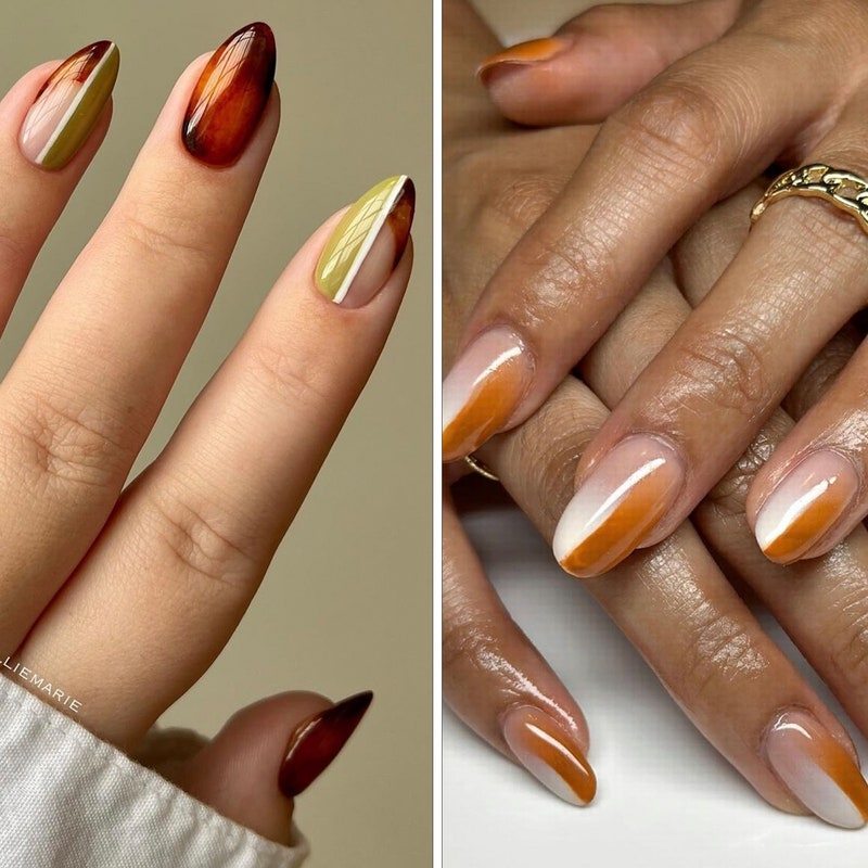 fall nail art looks like french tips, tortoise shell designs, and lines