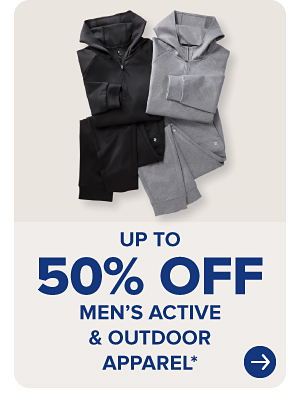 A black activewear set and a gray activewear set. Up to 50% off men's active and outdoor apparel.