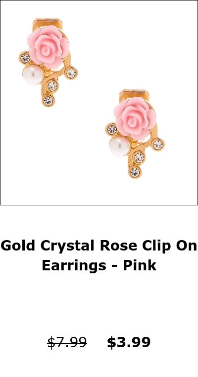 Gold Crystal Rose Clip On Earrings - Pink