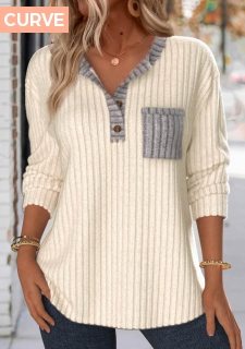 ROTITA Plus Size Button Beige Split Neck Long Sleeve Sweatshirt