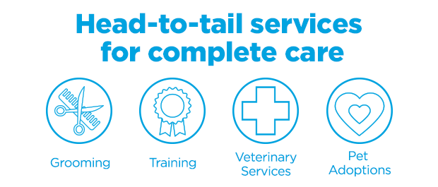 Head-to-tail services for complete care. Grooming. Training. Veterinary Services. Pet Adoptions.