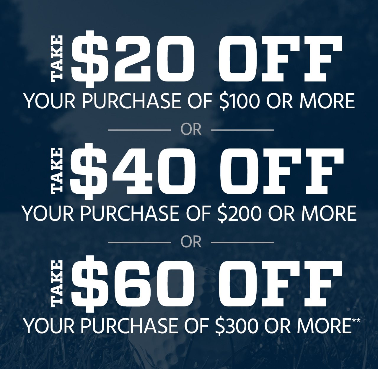 Take $20 off Your Purchase of $100 or More OR Take $40 off Your Purchase of $200 or More OR Take $60 off Your Purchase of $300 or More**