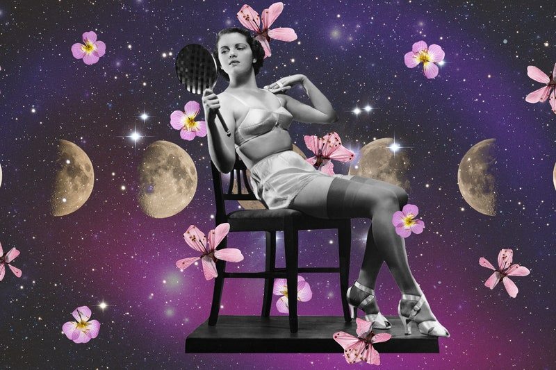 woman in black and white wearing lingerie and looking in handheld mirror on purple starry background with moon phases and flowers