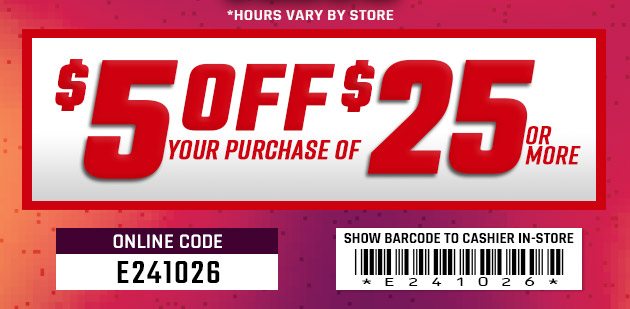 $5 off $25. Exclusions apply. Use code E241026