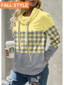 Light Yellow Patchwork Plaid Long Sleeve Sweatshirt