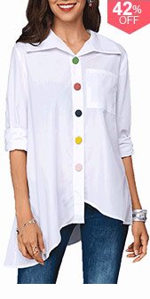 Button Up Asymmetric Hem Pocket White Blouse