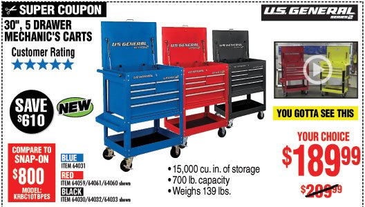 30 in. 5 Drawer Blue Mechanic's Cart