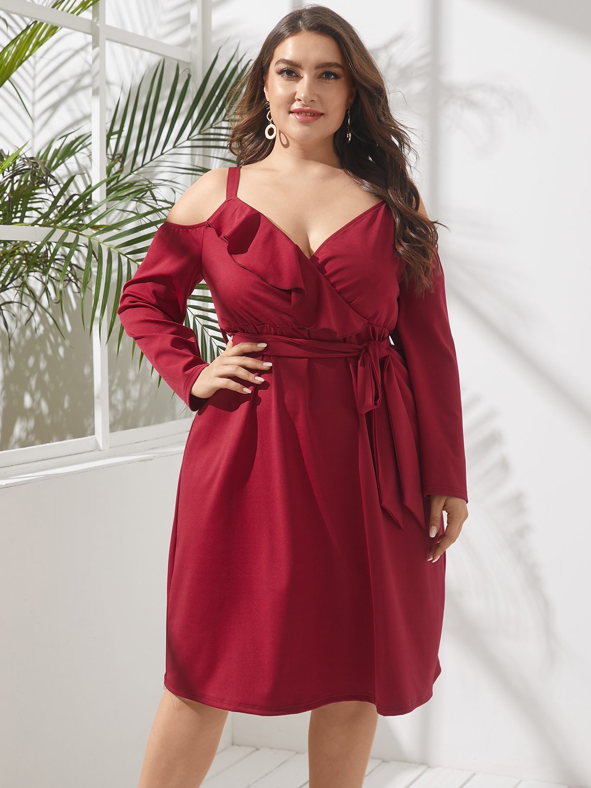 Plus Size Cold Shoulder Belt Design Wrap Design Long Sleeves Midi Dress