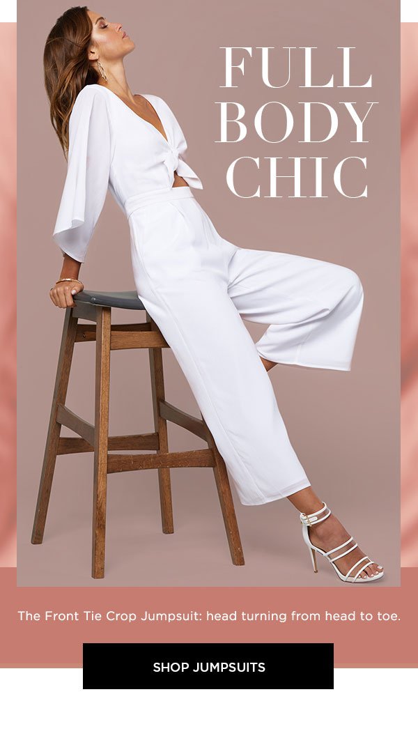 Full Body Chic The Front Tie Crop Jumpsuit: head turning from head to toe. SHOP JUMPSUITS >