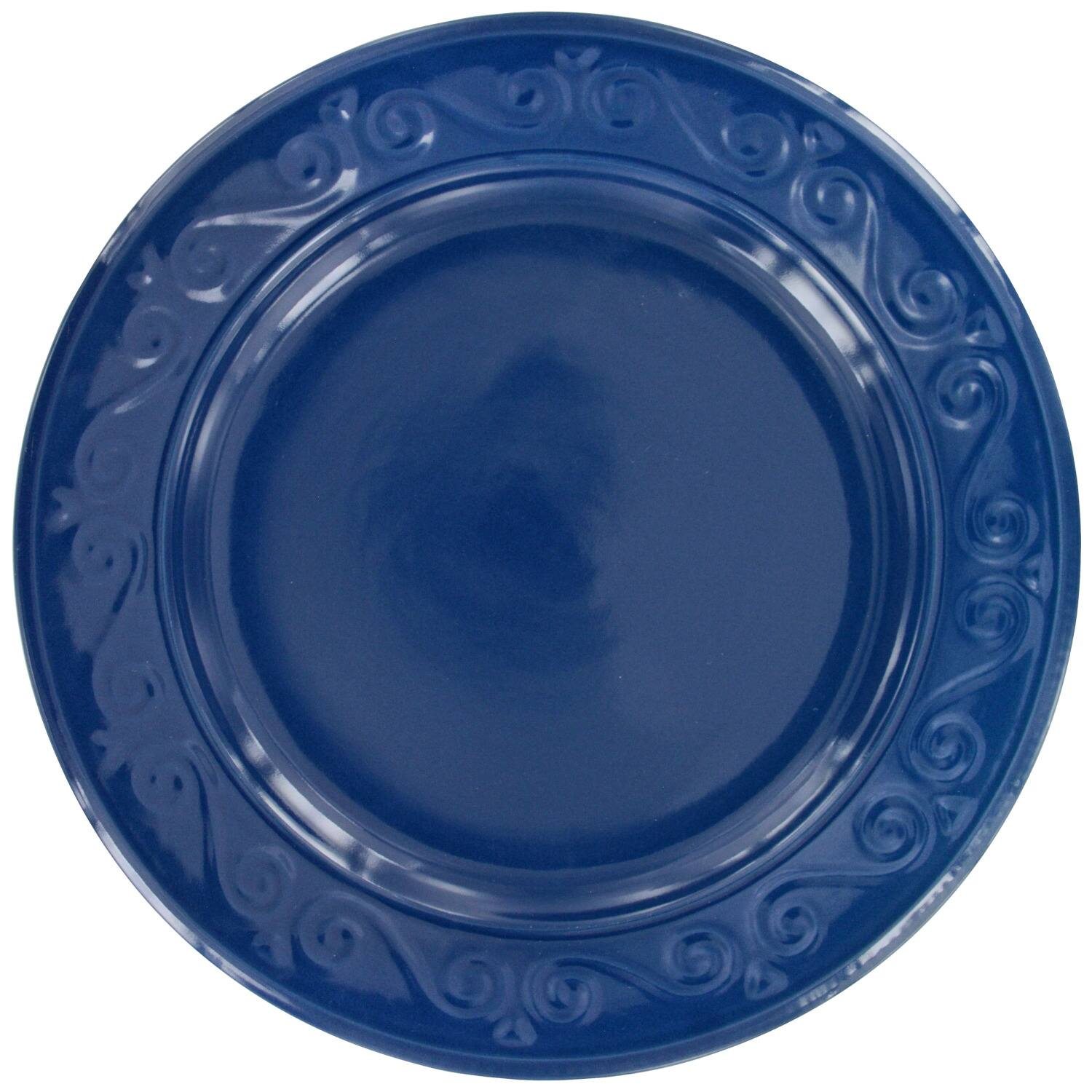 Navy Blue Embossed Scroll Pattern Stoneware Dinner Plates, 10.5 in.
