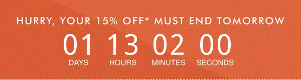 Get 15% OFF* In Store and Online Until 6th November 2019