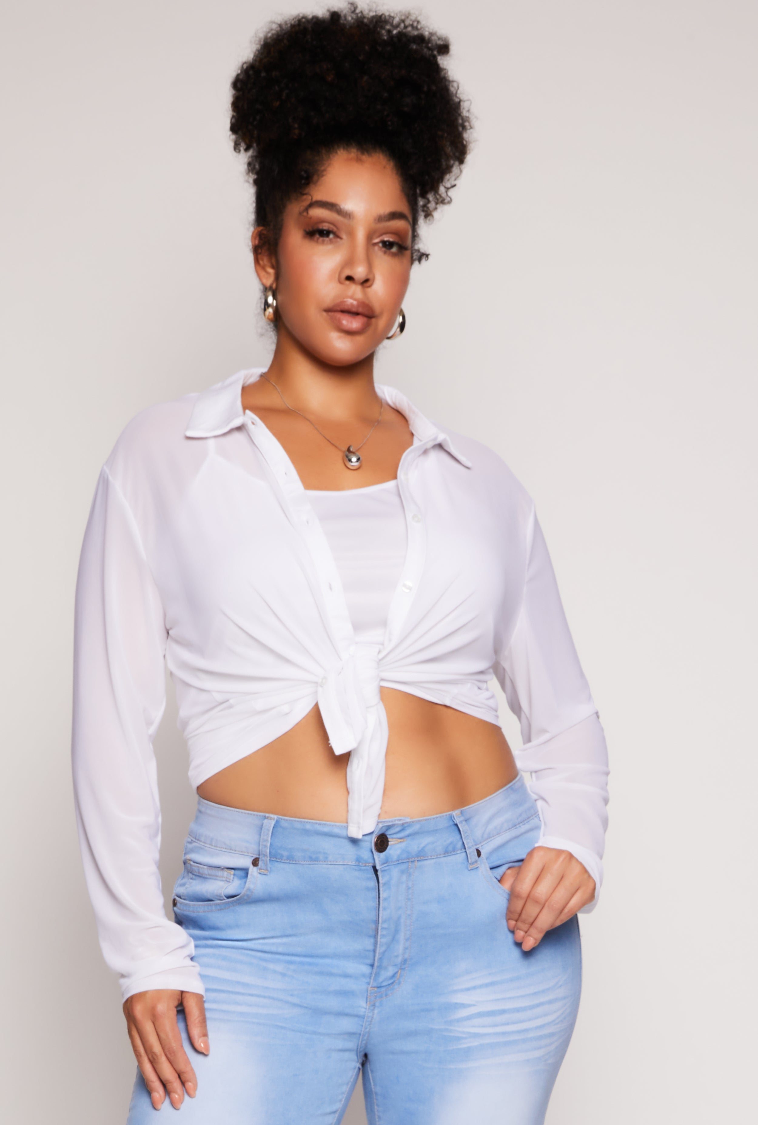 Plus Size Mesh Button Front Shirt With Cami