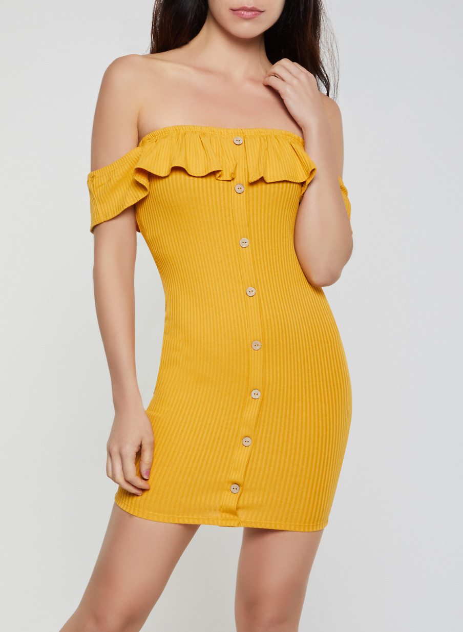 Ruffle Ribbed Knit Off the Shoulder Dress