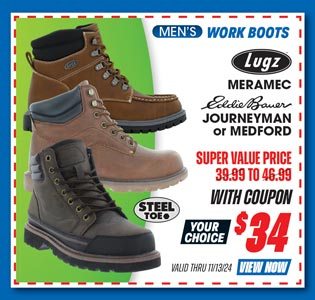 Eddie Bauer Medford, Journeyman or Lugz Meramec Men's Work Boots