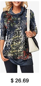 Christmas Print Cowl Neck Faux Two Piece T Shirt