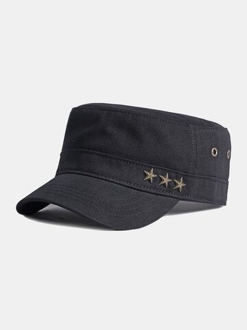 Men Solid Star Metal Label Flat Hat