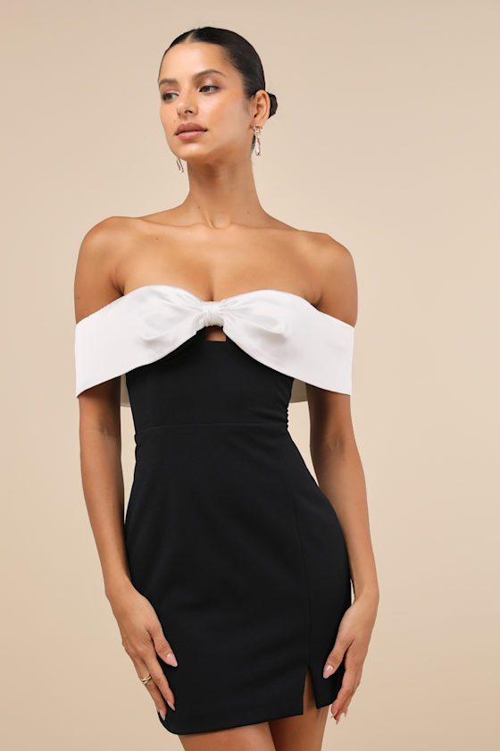 Image of Extravagant Moment Black and White Off-the-Shoulder Mini Dress