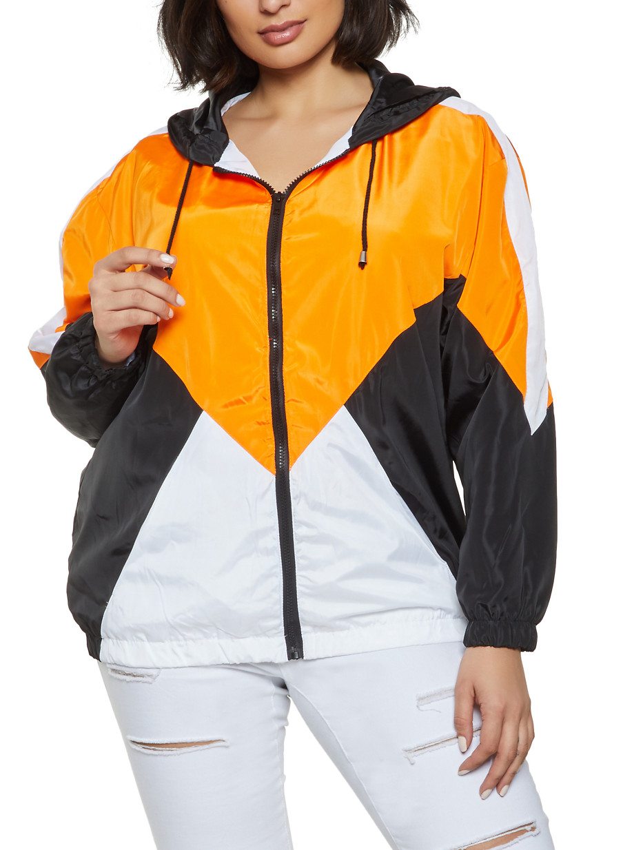 Plus Size Color Block Hooded Windbreaker