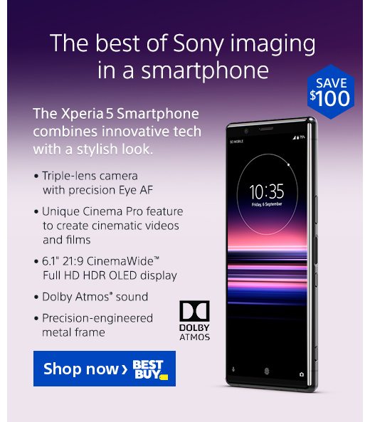 The best of Sony imaging in a smartphone | The Xperia 5 Smartphone combines innovative tech with a stylish look. | Triple-lens camera with precision Eye AF | Unique Cinema Pro feature to create cinematic videos and films | 6.1" 21:9 CinemaWide™ Full HD HDR OLED display | Dolby Atmos® sound | Precision-engineered metal frame | Shop now | BEST BUY