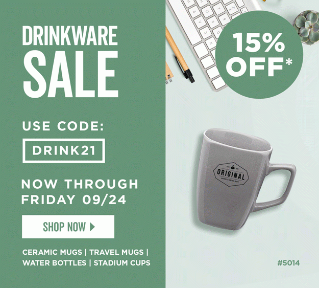 Drinkware Sale | 15% Off | Use Code: DRINK21 | Shop Now | Discount applies to ceramic mugs, travel mugs, water bottles and stadium cups.