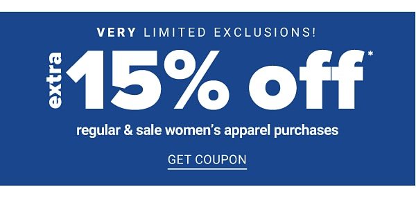 extra 15% off women's apparel purchases - Get Coupon