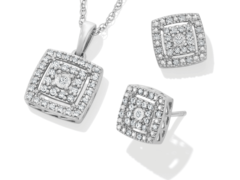 Diamond Earrings & Necklace Gift Set 3/8 ct tw Sterling Silver