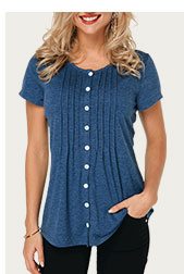 Button Up Crinkle Chest Navy Blue T Shirt