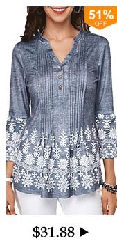 Button Detail Split Neck Printed Pleated Blouse