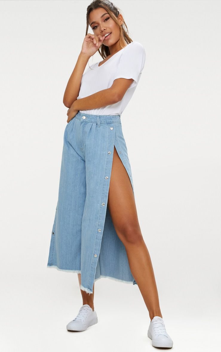 LIGHT WASH POPPER SIDE WIDE LEG DENIM CULOTTES