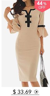 Flare Sleeve Bowknot Embellished Split Neck Beige Dress